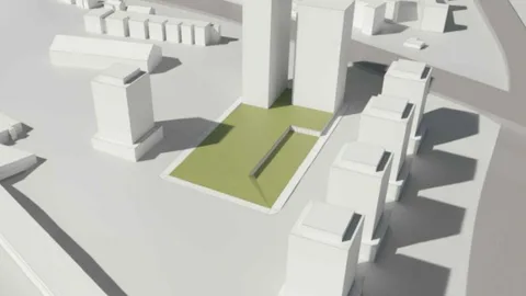 Recreación del nuevo ámbito con una zona verde y dos torres