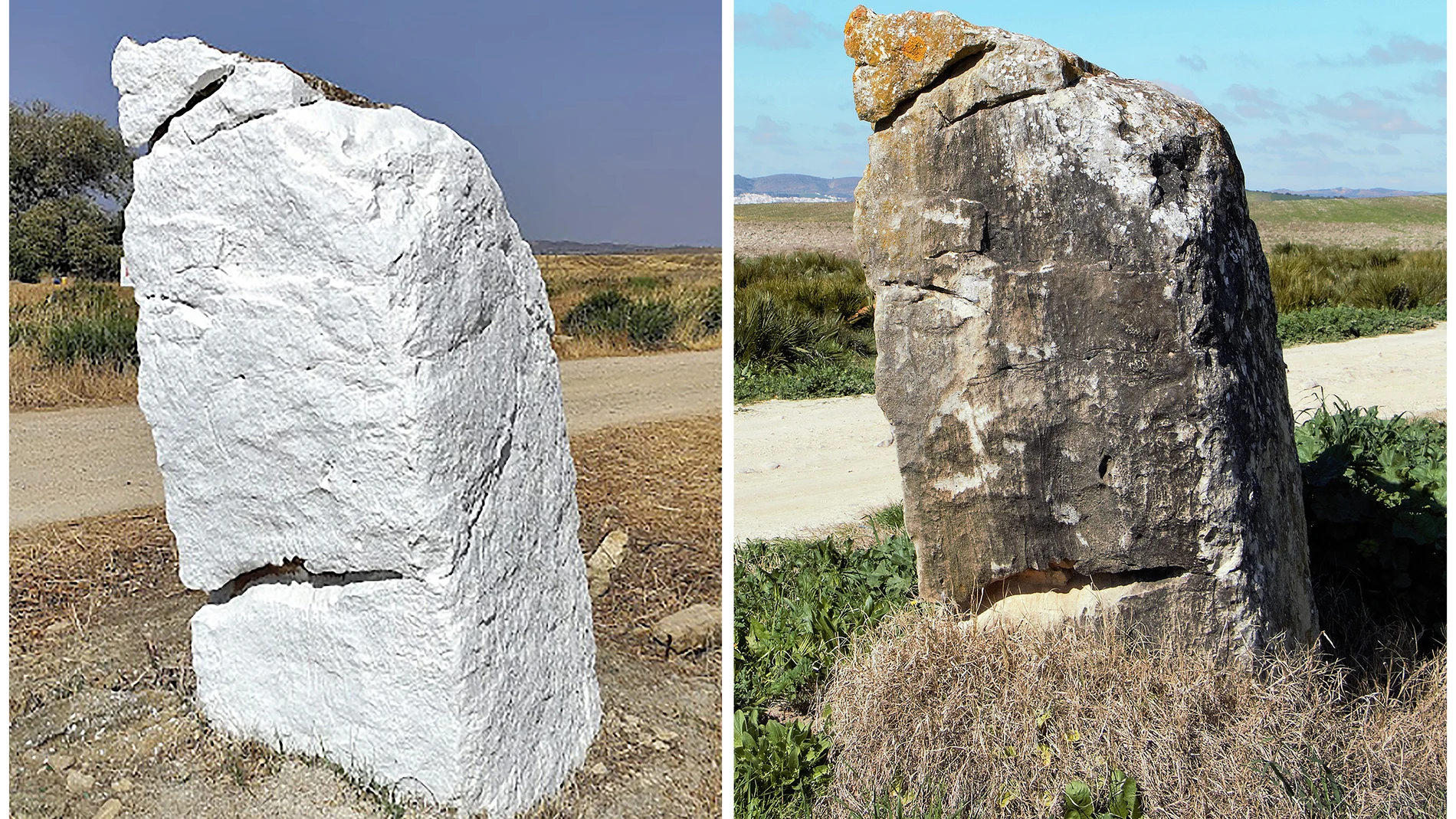 Un hito megalítico de 1,77 metros de altura ubicado en una carretera secundaria de la sierra de Cádiz ha aparecido pintado de blanco. EFE/www.entornoajerez.com/