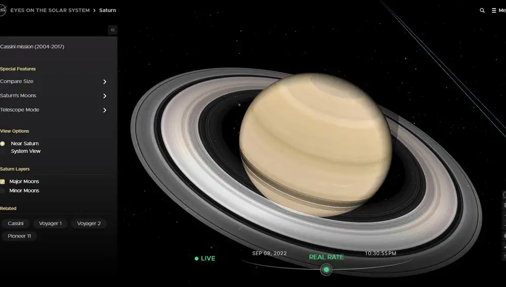 Panel de opciones de Saturno en Eyes on Solar System.