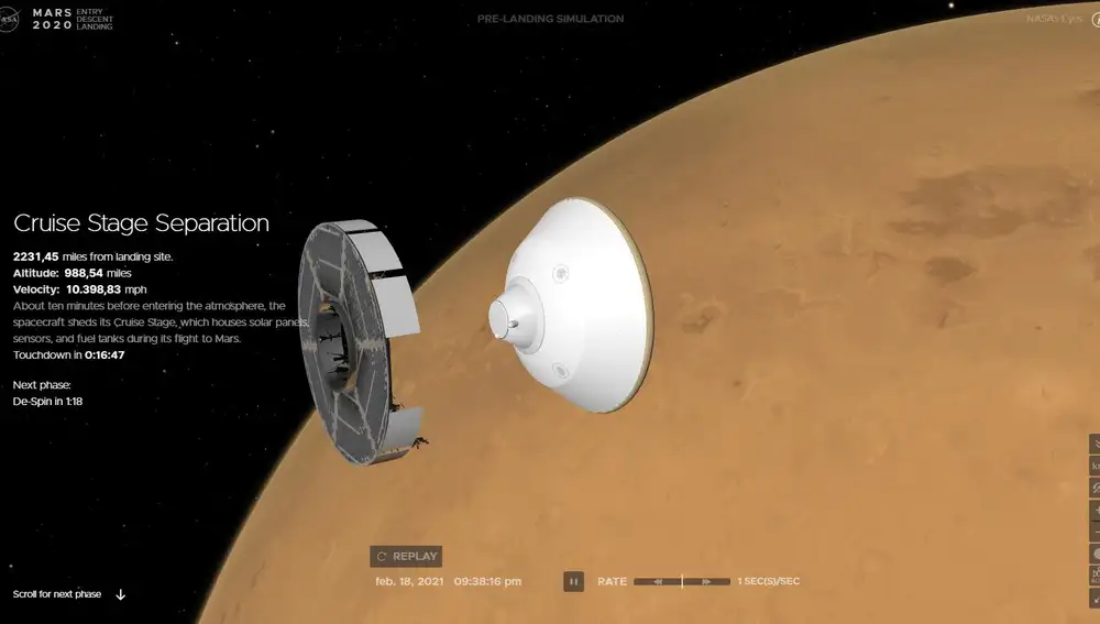 Un momento del inicio de la fase de aterrizaje de Perseverance en Marte.