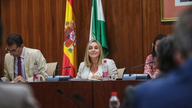 La consejera de Fomento, Articulación del Territorio y Vivienda, Marifrán Carazo, en la Comisión de su departamento. JUNTA DE ANDALUCÍA