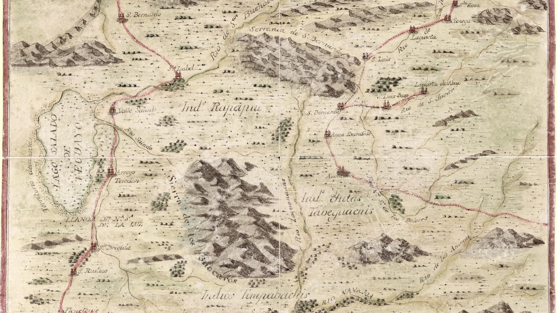 Mapa realizado por el misionero Antonio Vélez y Escalante sobre los pueblos de indios y presidios que se hallan en el Camino de Monterrey a Santa Fe de Nuevo Mexico