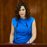 La presidenta de la Comunidad de Madrid, Isabel Díaz Ayuso, interviene en la primera sesión del debate del estado de la región en la Asamblea de Madrid