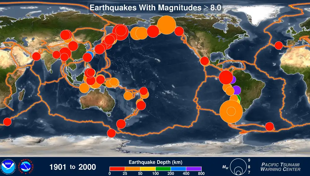 Todos los terremotos de magnitud superior a 8.0 que se produjeron en el planeta durante el siglo XX.