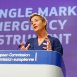 La vicepresidenta de la Comisión Europea y responsable de Competencia, Margrethe Vestager, este lunes 19 de septiembre de 2022, en rueda de prensa en Bruselas