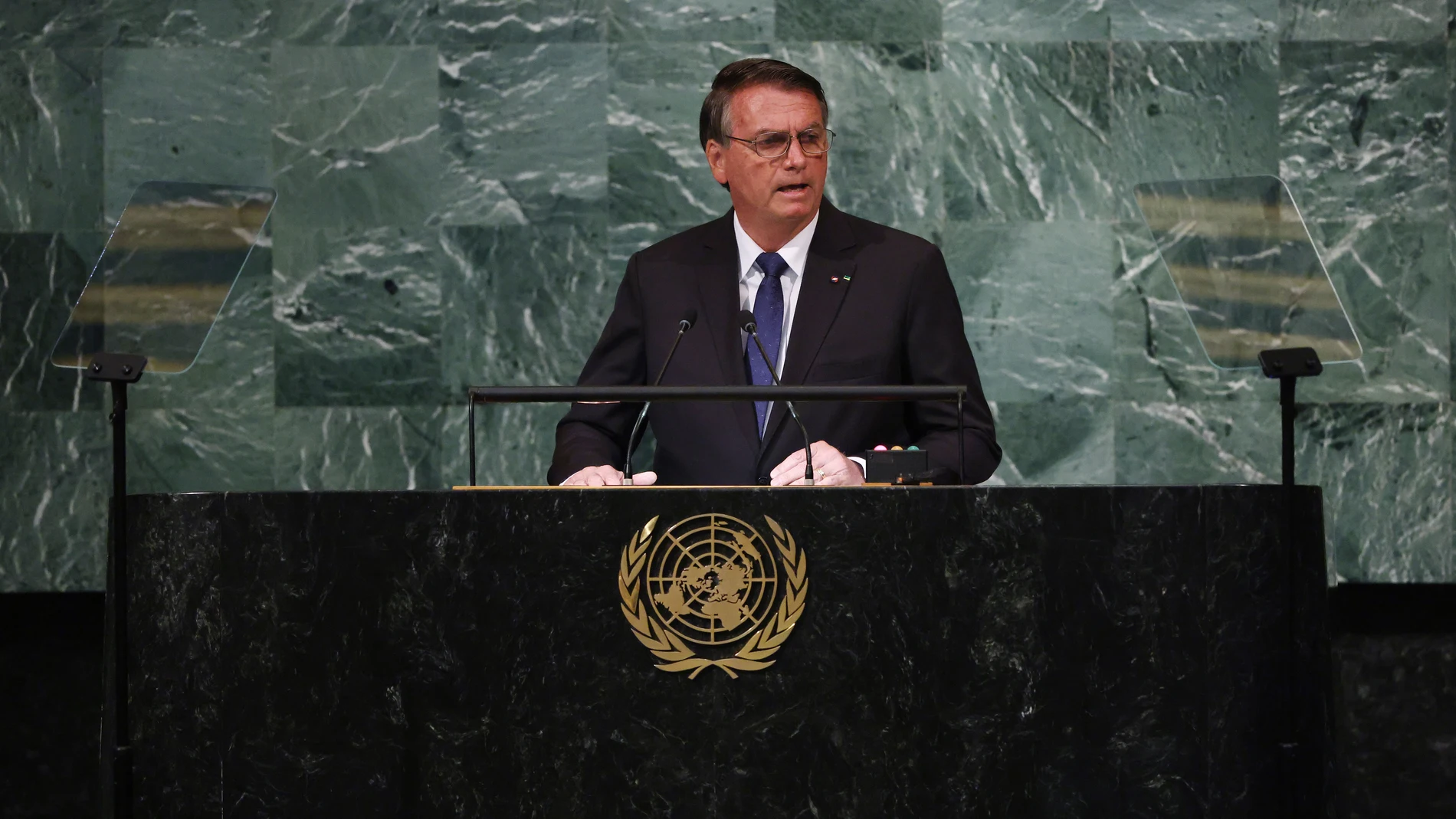 El presidente Jair Bolsonaro pronuncia su discurso en la 77 Asamblea de Naciones Unidas
