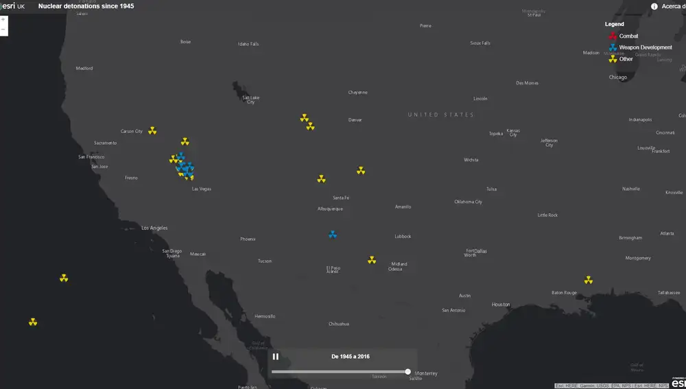 Ubicaciones de pruebas nucleares realizadas en Estados Unidos. Conforme se acerca la vista, el mapa permite distinguir entre los iconos que se amontonan en un mismo lugar.