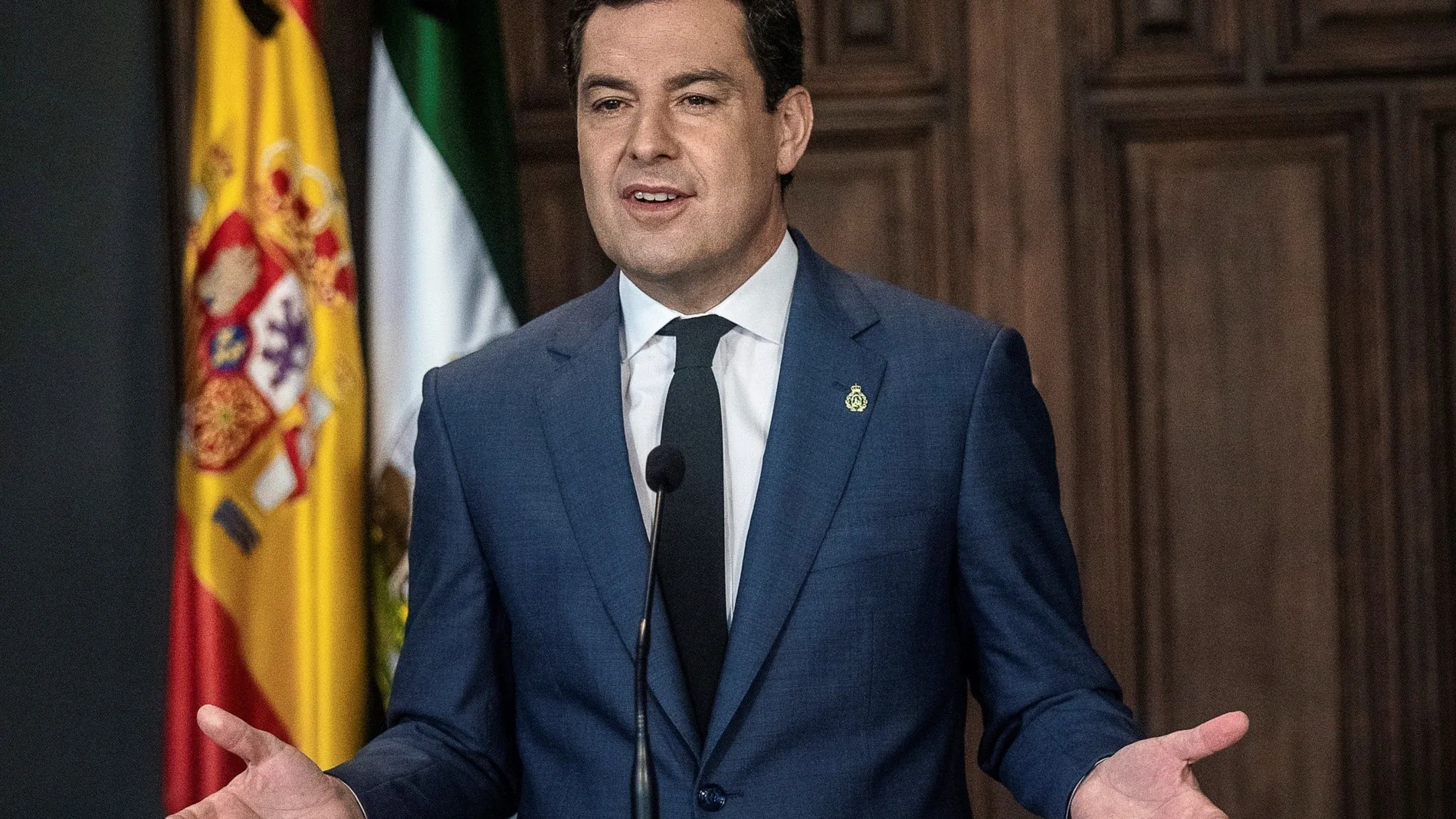 El presidente de la Junta de Andalucía, el popular Juanma Moreno, en un momento de la comparecencia telemática de hoy