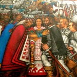 Encuentro entre Hernán Cortés y Moctezuma, con la Malinche entre ellos