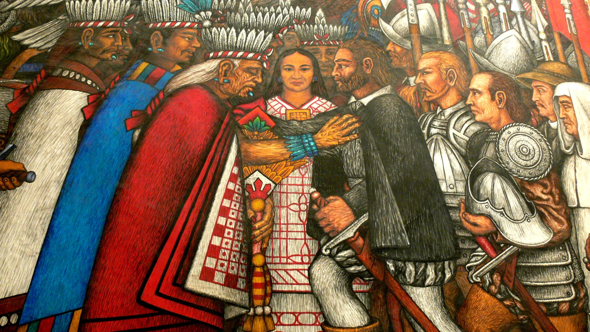 Encuentro entre Hernán Cortés y Moctezuma, con la Malinche entre ellos