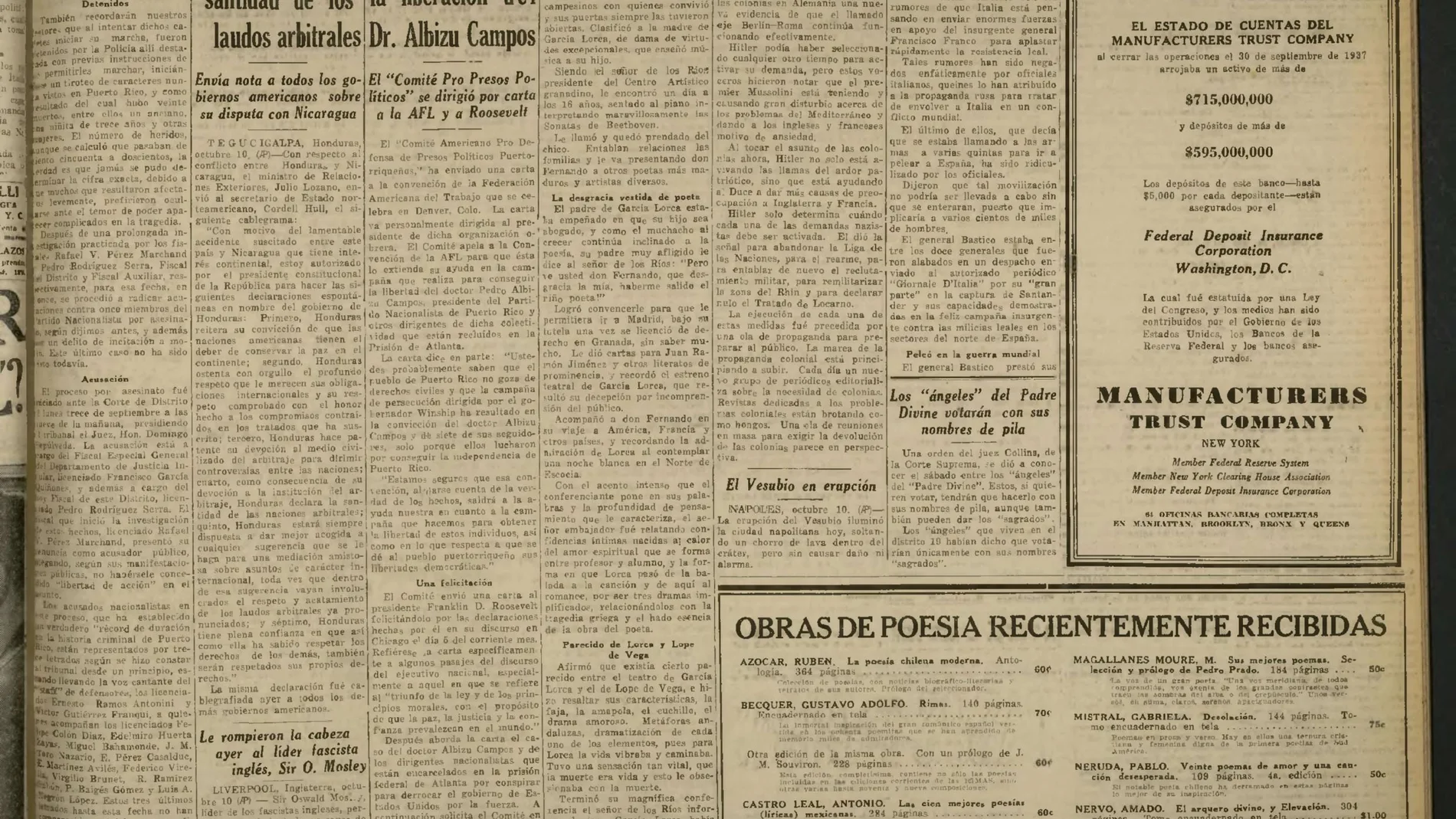 Imagen de la noticia aparecida en el diario "La Prensa" sobre una conferencia de Fernando de los Ríos en Nueva York en la que se refirió al fusilamiento de Lorca