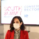 La presidenta de la Comunidad de Madrid, Isabel Díaz Ayuso, durante una reunión organizada con miembros del Consejo Rector de South Summit 2021, en IE University, Madrid