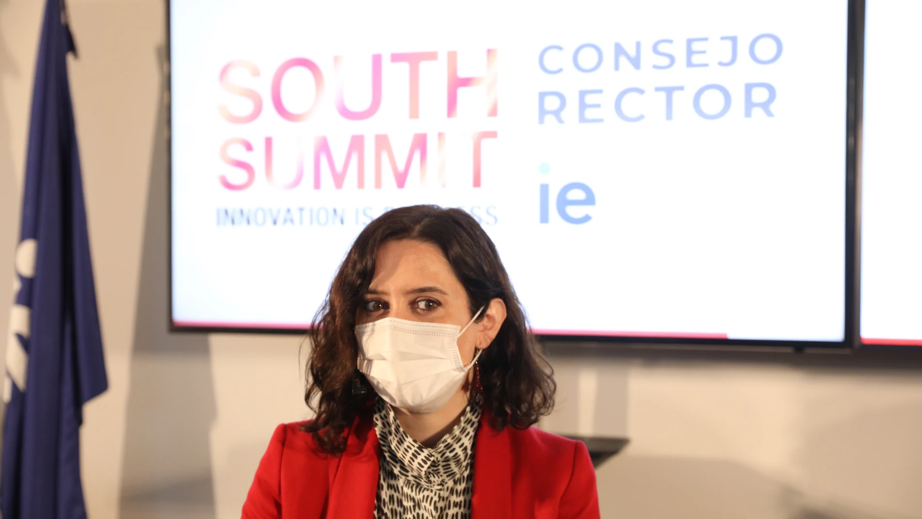 La presidenta de la Comunidad de Madrid, Isabel Díaz Ayuso, durante una reunión organizada con miembros del Consejo Rector de South Summit 2021, en IE University, Madrid