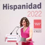 La presidenta de la Comunidad de Madrid, Isabel Díaz Ayuso, interviene en la presentación de la segunda edición de Hispanidad 2022, en la Real Casa de Correos