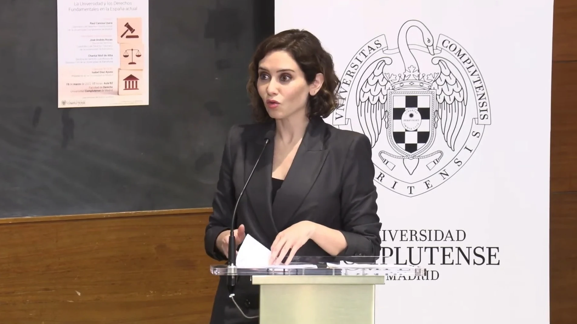 Isabel Díaz Ayuso en la conferencia conferencia 'Derechos fundamentales y Universidad' en la Universidad Complutense