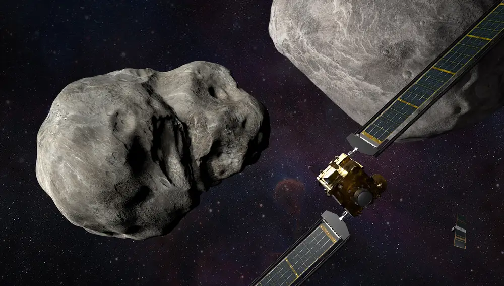 Una imagen sin fecha facilitada por la Administración Nacional de la Aeronáutica y del Espacio (NASA) muestra una ilustración de la nave espacial de la NASA Double Asteroid Redirection Test (DART) antes del impacto en el sistema de asteroides binarios Didymos (publicada el 26 de septiembre de 2022). La NASA anunció que DART colisionará intencionadamente con su asteroide objetivo -que no supone ninguna amenaza para la Tierra- a las 19:14 h EDT del 26 de septiembre de 2022, como la &quot;primera misión del mundo para probar la tecnología de defensa de la Tierra contra posibles peligros de asteroides o cometas&quot;. DART proporcionará datos importantes para ayudar a prepararse mejor para un asteroide que pueda suponer un peligro de impacto contra la Tierra, añadió.EFE/EPA/NASA/JOHNS HOPKINS APL/STEVE GRIBBEN