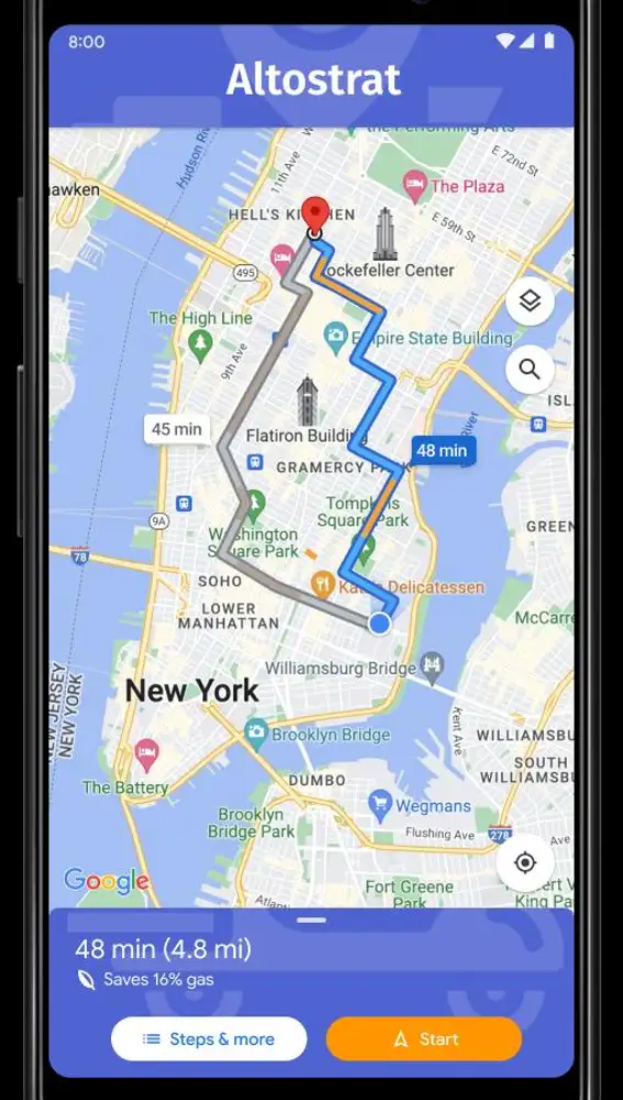 Las rutas ecológicas de Google Maps en una aplicación de terceros.