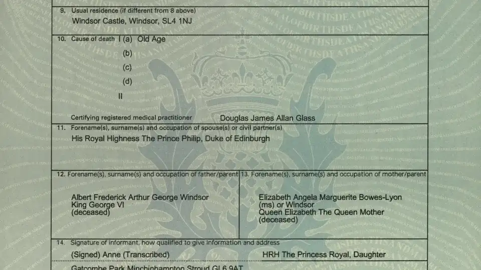 El certificado de defunción de la Reina Isabel II