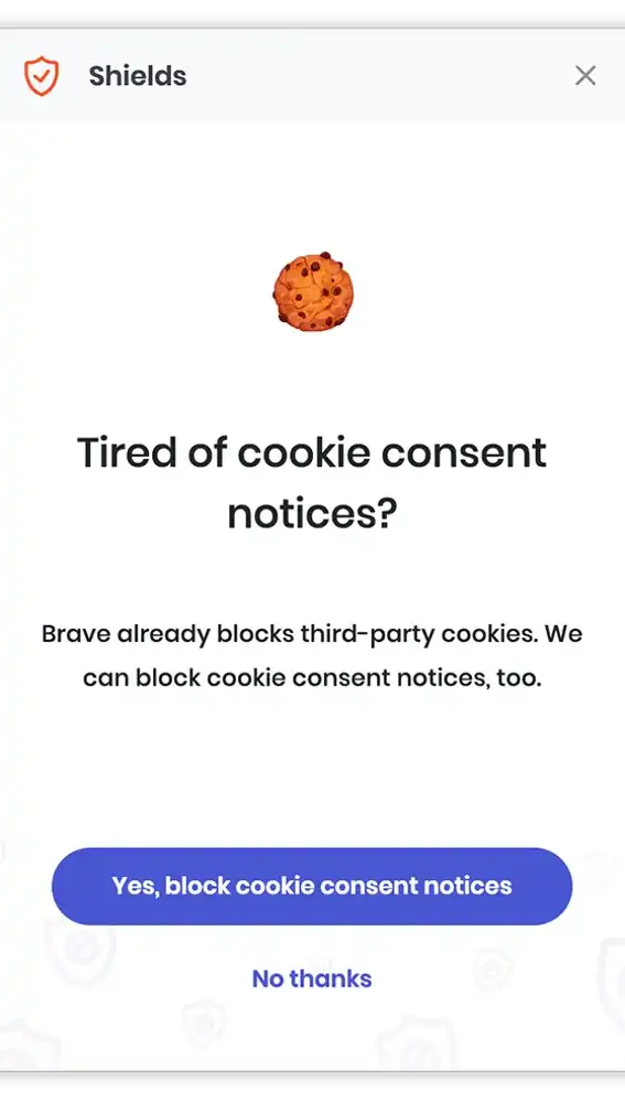 Brave preguntará al usuario si quiere bloquear las notificaciones de cookies.