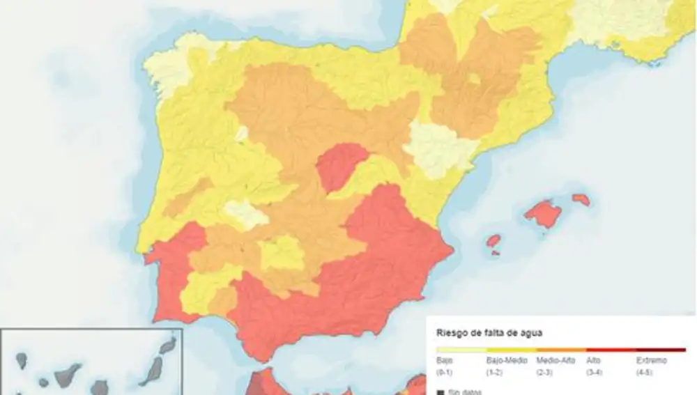 Mapa coloreado para indicar el riesgo de falta de agua en la península ibérica, las islas canarias, norte de África y sur de Francia. Datos obtenidos de OpenStreetMap y modificados por Daniel Pellicer