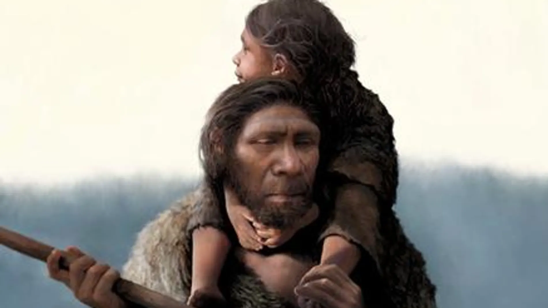 Representación de un neandertal con su hija
