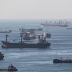 Buques de carga que transportan grano ucraniano están anclados mientras esperan en fila para la inspección en el mar de Mármara, Estambul