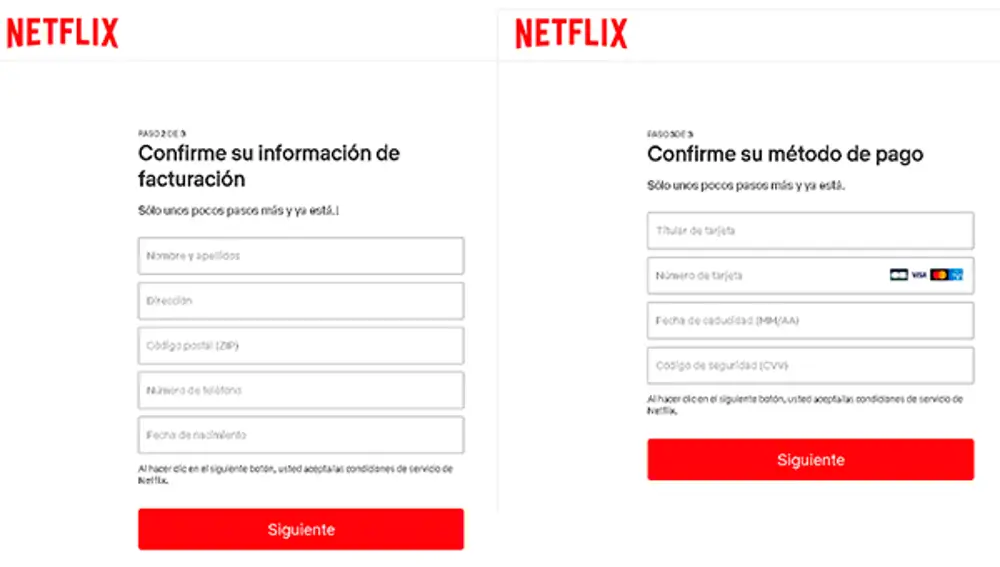 Dos de los pasos que sigue la estafa en la web falsa de Netflix: datos personales y método de pago.