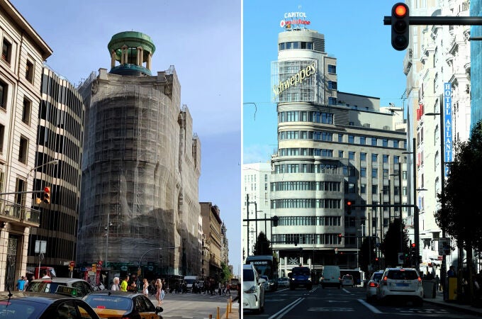 A la izquierda, el edificio (en obras) que acoge la sede CCOO en la Via Laietana en Barcelona y, a la derecha, el edificio Carrión en la Gran Vía de Madrid