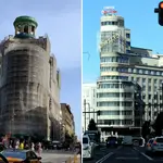 A la izquierda, el edificio (en obras) que acoge la sede CCOO en la Via Laietana en Barcelona y, a la derecha, el edificio Carrión en la Gran Vía  de Madrid