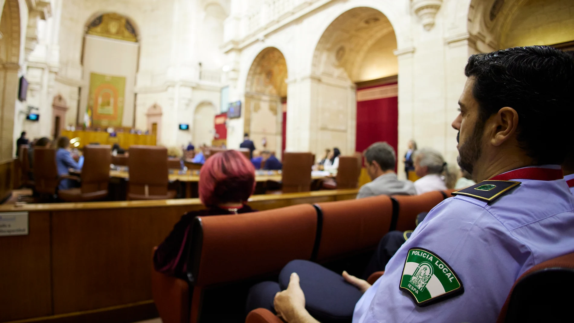 Detalle de un Policía Local durante la sesión plenaria en el Parlamento andaluz
