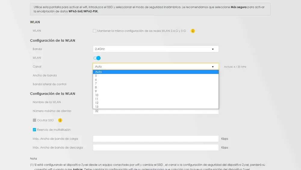 Selección de canal en la banda de 2,4 GHz en Zyxel EX3301-T0.