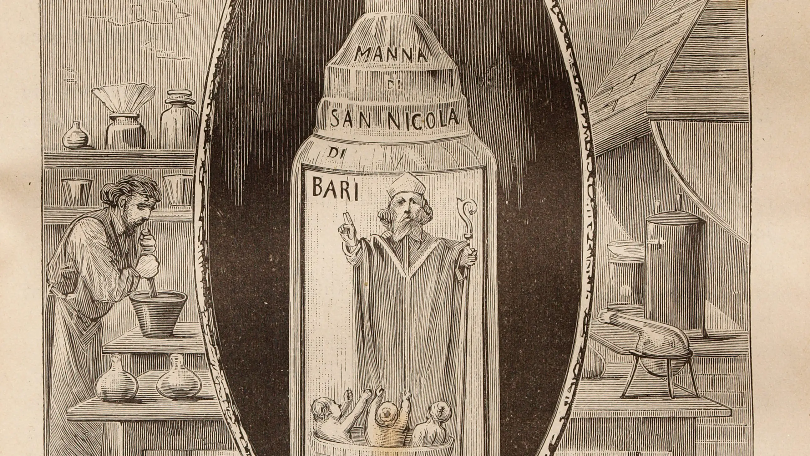 Retrato de una botella de Agua de Tofana con la imagen de San Nicolás de Bari