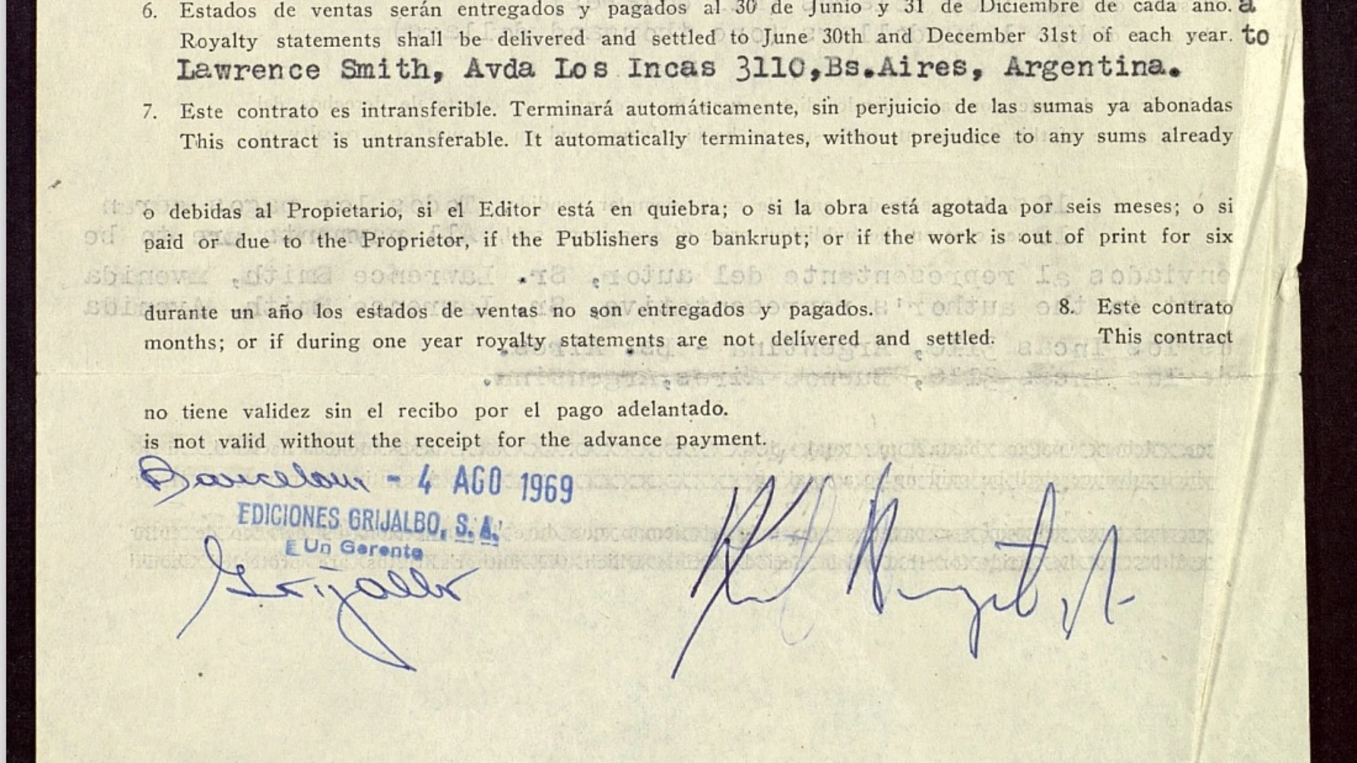 Una imagen del contrato entre Juan Grijalbo y Kurt Vonnegut para la publicación de «Matadero Cinco»
