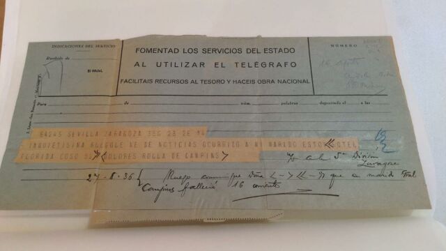 Telegrama a Queipo de Llano de Dolores Roda preguntando por el destino de Miguel Campíns