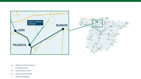 Mapa del tramo de las nuevas obras de Adif en la provincia de Palencia