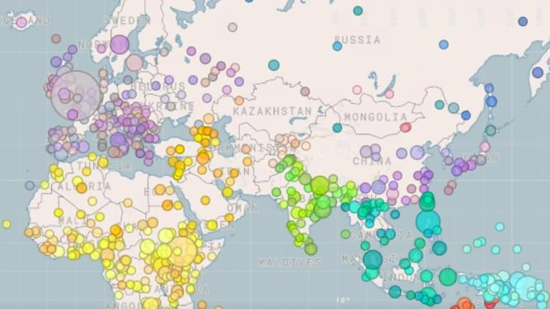Cada región tiene un color distinto en el mapa de The Global Jukebox