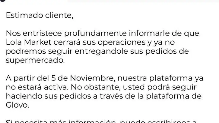 Mensaje de fin de operaciones de Lola Market