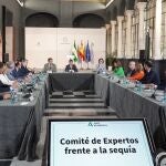 El presidente de la Junta de Andalucía, Juanma Moreno, preside este jueves, en el Palacio de San Telmo de Sevilla, la reunión constitutiva del Comité de expertos frente a la sequía. FRANCISCO J. OLMO-EUROPA PRESS