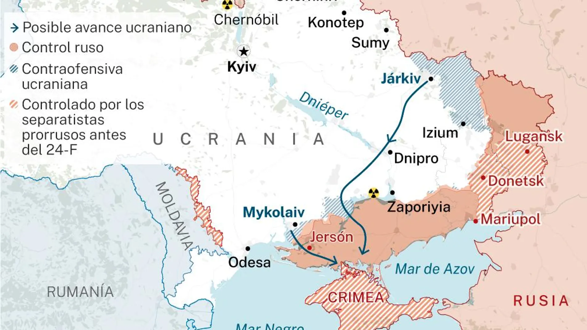 Movimiento de pinza que podrían llevar a cabo las tropas ucranianas sobre Crimea