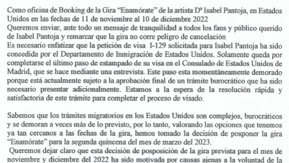 Comunicado de la agencia de comunicación de Isabel Pantoja