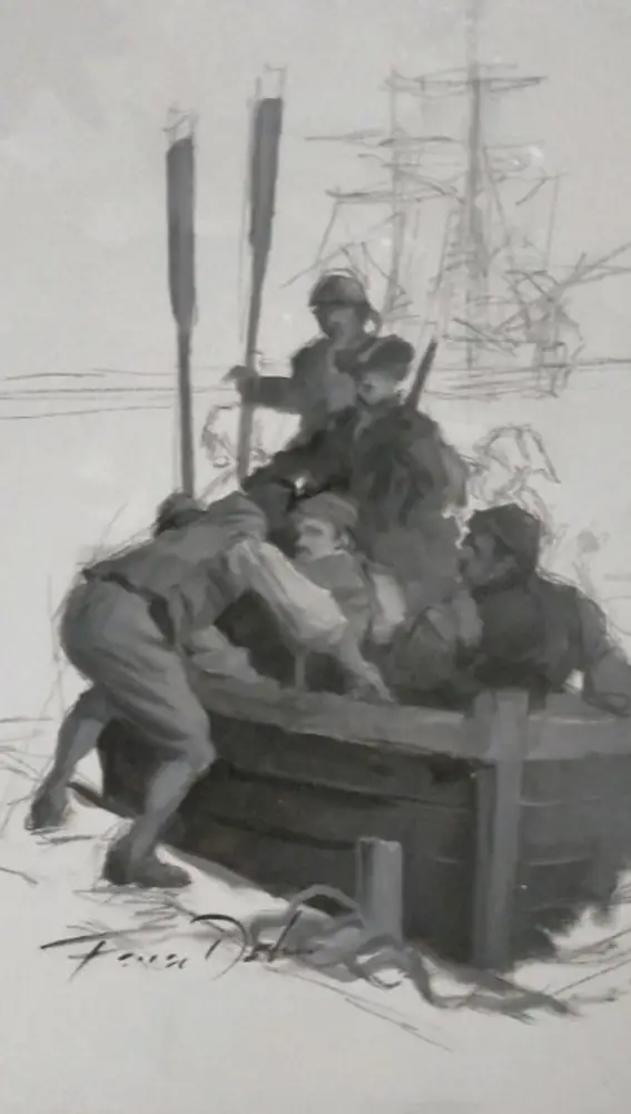 Augusto Ferrer-Dalmau “El desembarco”, boceto iniciado del cuadro "El Regreso ", del CESEDEN, (40. X 35)
