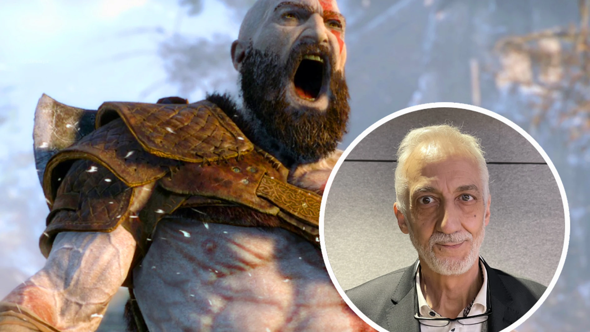 Rafael Azcárraga junto al Kratos de "God of War: Ragnarok" al que da voz