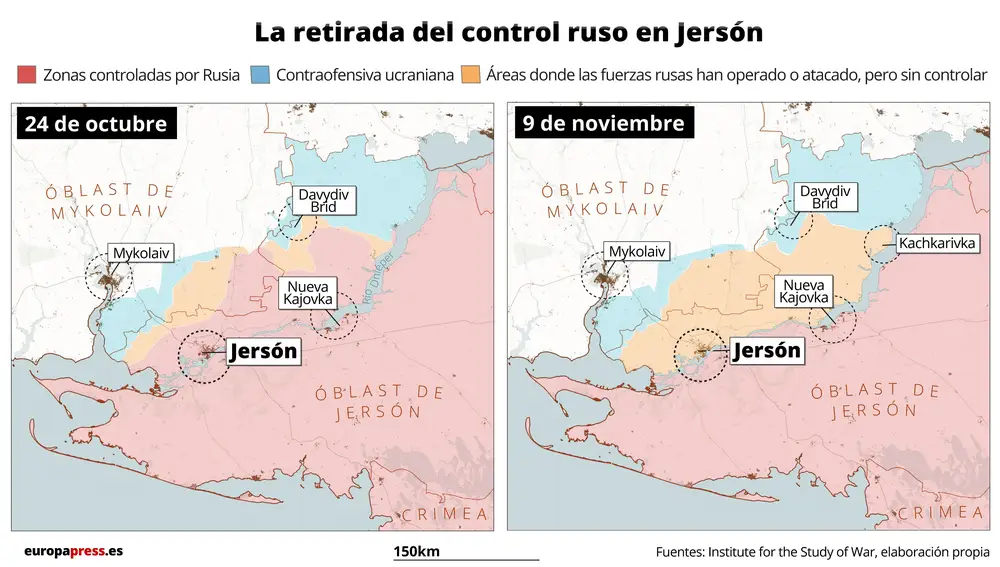 Mapa que compara la situación de la guerra en Jersón (Ucrania) el 9 de noviembre y el 24 de octubre. El Gobierno de Rusia ha anunciado este jueves el inicio de una serie de maniobras militares de &quot;preparación&quot; en la orilla occidental del río Dniéper después de que las autoridades anunciaran la retirada de sus tropas de Jersón en el marco de la invasión de Ucrania.10 NOVIEMBRE 2022Europa Press10/11/2022