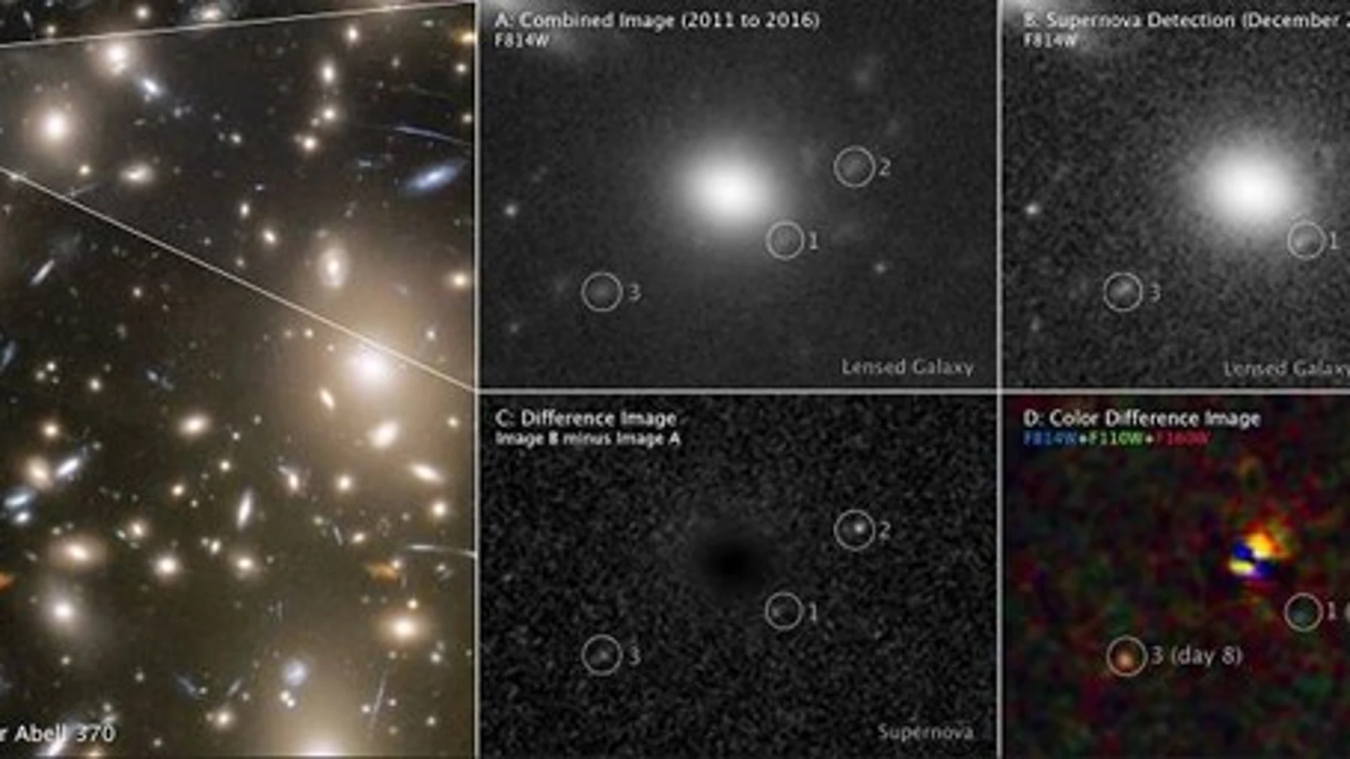 Imagen captada por el telescopio Hubble que muestra las tres fases de la explosión de la supernova tras el cúmulo de galaxias ‘Abell 370’. Pueden observarse numeradas como 1, 2 y 3, consecutivamente, cada vez con colores más anaranjados, indicando un descenso de la temperatura