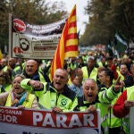 Varias personas participan en una manifestación de transportistas en el Paseo del Prado, a 14 de noviembre de 2022, en Madrid
