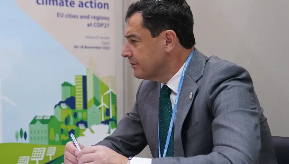 El presidente de la Junta de Andalucía, Juanma Moreno, en la 27ª Conferencia de las Naciones Unidas sobre el Cambio Climático (Cumbre del Clima COP27). TWITTER JUANMA MORENO