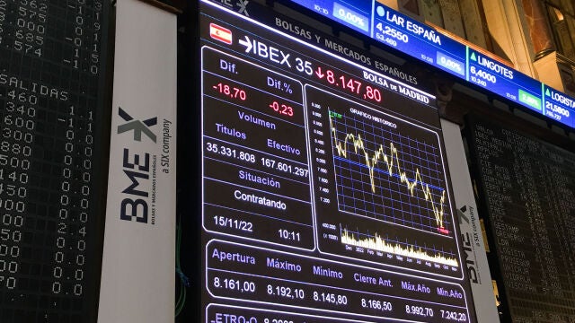 Vista de un panel con el Ibex 35, el principal indicador del parqué madrileño de la Bolsa de Madrid