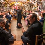 Turistas observan una de las actuaciones flamencas que cada noche tienen lugar en la cueva María La Canastera, una de las cuevas del Sacromonte de Granada. EFE/Miguel Ángel Molina