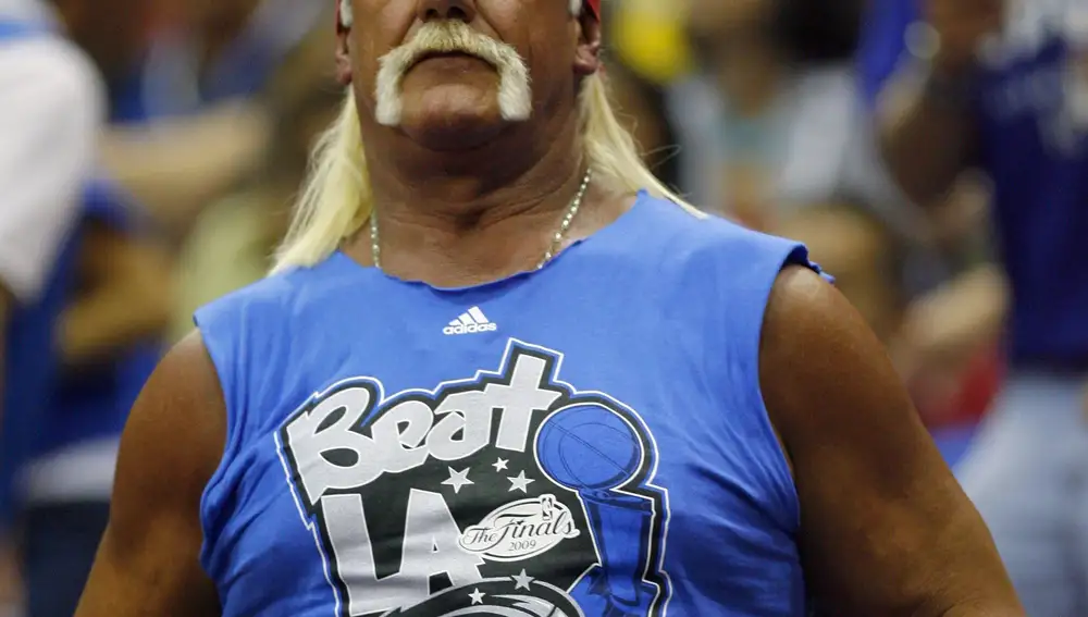 Wrestler Hulk Hogan rallies stands during Game 4 of the NBA Finals basketball game in Orlando