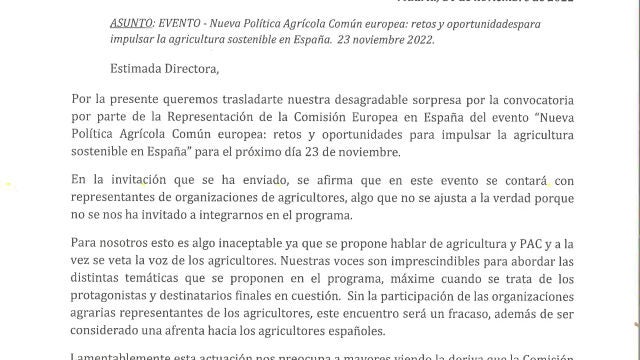 Imagen de la carta remitida por las organizaciones agrarias a la CE